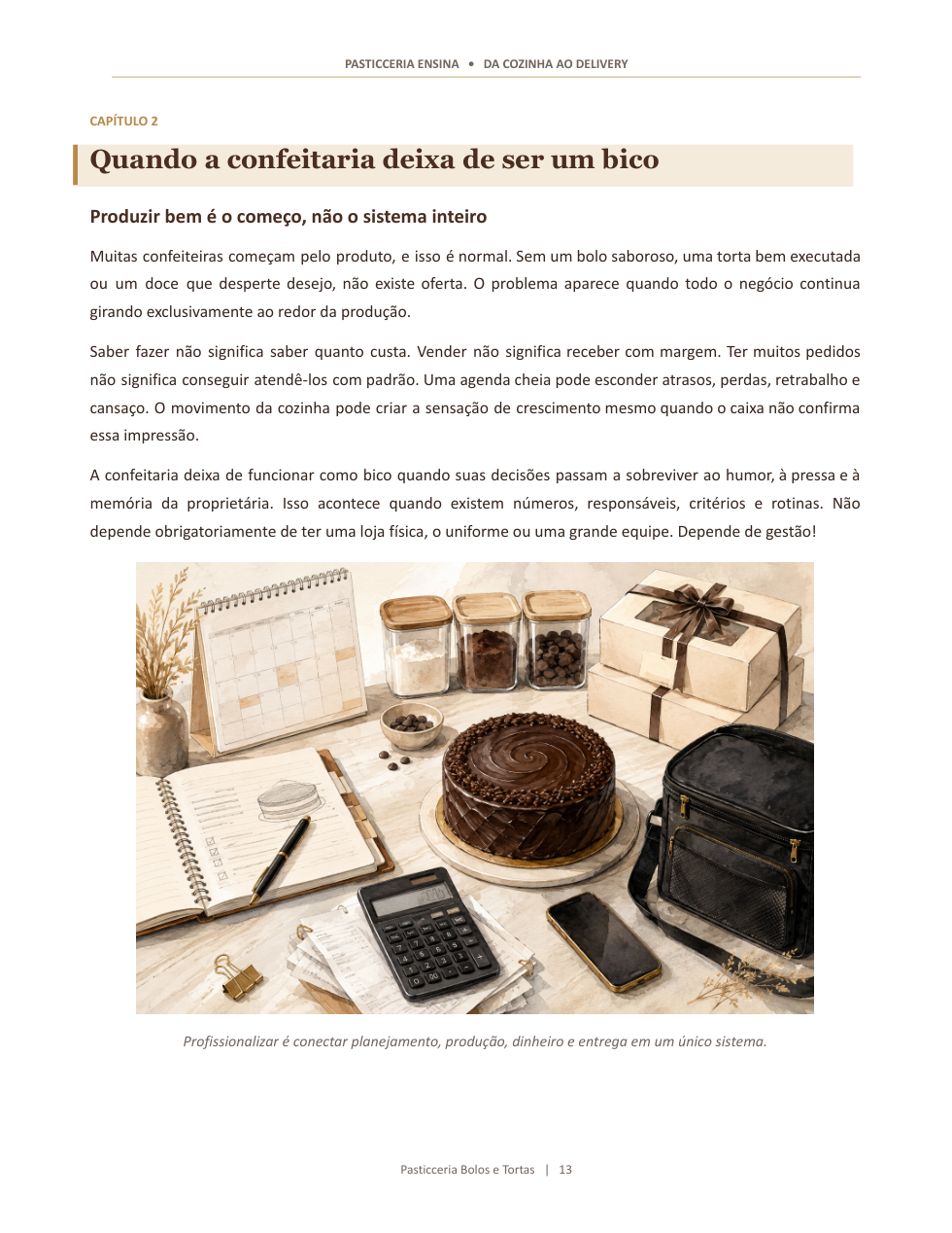 Página 13 com texto e ilustração sobre profissionalização da confeitaria